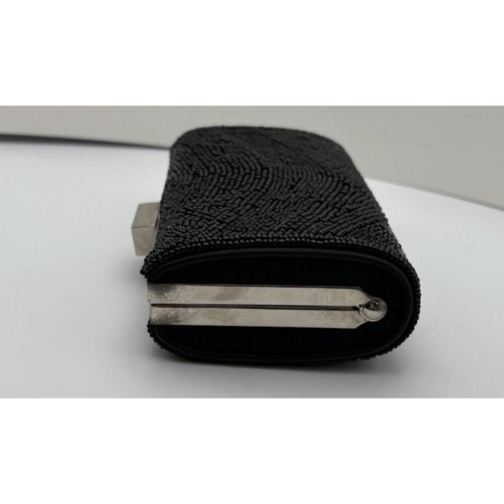 BCBG Maxazria Black Beaded Clutch Purse Handbag Hot Pink Lining Chrome Trim - Picture 7 of 9